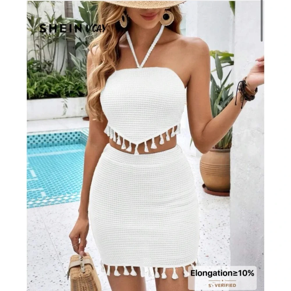NWT SHEIN Crotchet Boho Knit White Skirt Set Size Large Bohemian Style 2 Piece - Picture 1 of 13